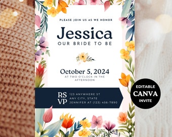 Editable Floral Bridal Shower Invitation, Watercolor Flowers, Wildflower Invite, Template, Editable Boho Garden Party Invite Cards, BR001