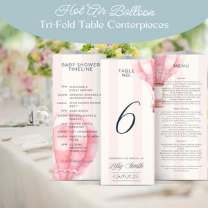 Baby Girl Pink Hot Air Balloon Baby Shower Trifold Tabletop Brochure for Table Seating, Menu, and Itinerary | Editable Printable Canva Temp