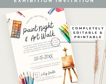 May include: Invitation to a middle school art exhibition called "Paint Night & Art Walk" on May 15, 20XX. The invitation features watercolor illustrations of art supplies, including paintbrushes, crayons, and a palette of paints.