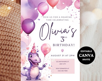 May include: A birthday invitation with a watercolor design featuring a purple dinosaur holding a pink balloon. The invitation includes the text "Olivia's 3rd Birthday!" and event details. The design incorporates pink and purple balloons and watercolor splashes.
