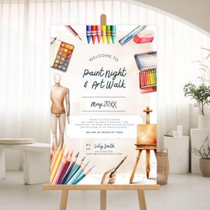 Könnte beinhalten: Willkommen zum Malabend & Kunstbummel Schild mit Aquarell-Illustrationen von Kunstmaterialien, darunter Pinsel, Buntstifte, eine Farbpalette, eine Staffelei und eine Schaufensterpuppe. Das Schild enthält auch den Text "Mai 20XX".