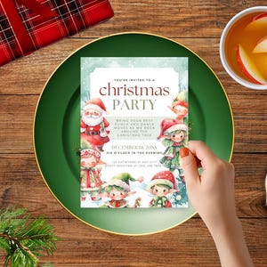 Festa di lavoro di Babbo Natale ed elfi / Invito di Natale modificabile / Invito alla cena di Natale / Invito alla festa di Natale / Modello Canva / Istantaneo / CP001