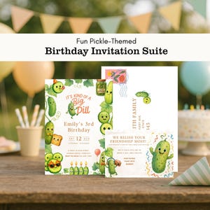 Pickle Themed Birthday Invitation Suite, Kid Party Invite Envelope and Gift Note, Happy Pickle, Download, Canva Template, Editable, BDP101