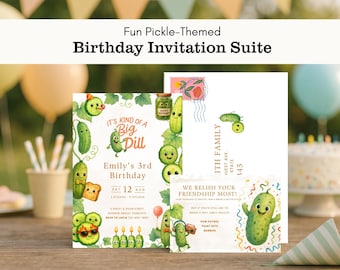 Pickle Themed Birthday Invitation Suite, Kid Party Invite Envelope and Gift Note, Happy Pickle, Download, Canva Template, Editable, BDP101