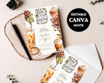 Invitación para despedida de soltera "El amor está en ciernes", plantilla editable para amantes del café, descarga digital para celebraciones, invitación con temática de café