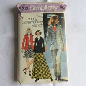 May include: Simplicity sewing pattern number 5212 for young contemporary fashion. The pattern includes instructions for a plaid skirt, a plaid pantsuit, and a red jacket. The pattern is for sizes 14 and bust 36.