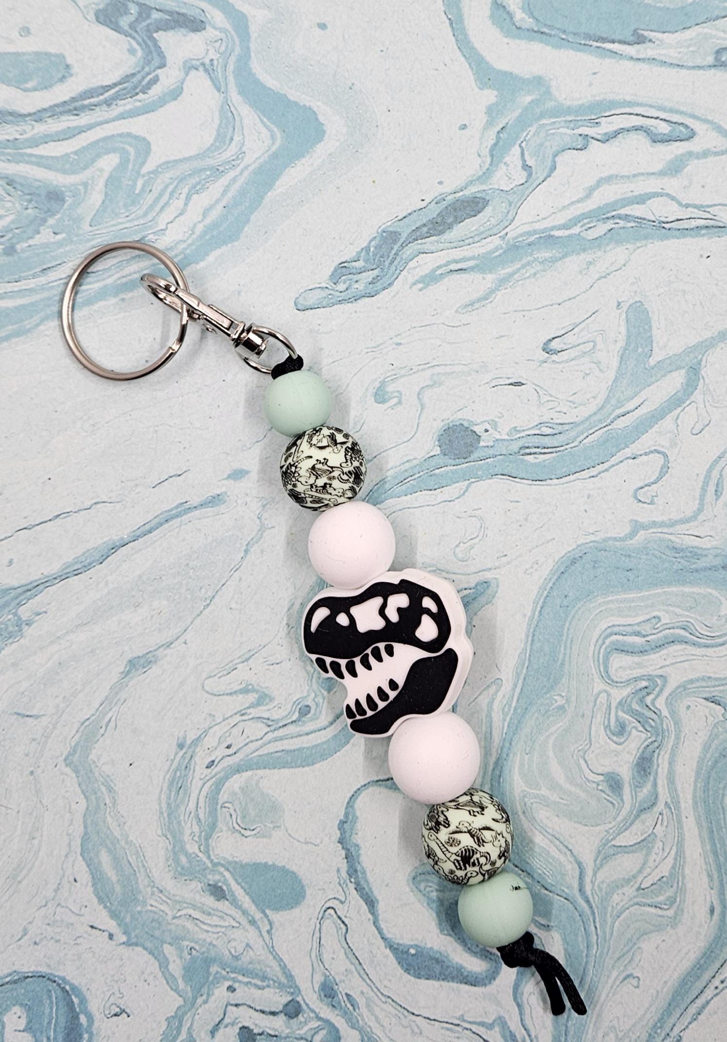 Dinosaur Keychain, Decorated Keychain, Silicone Bead Keychain