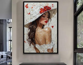Elegant Lady in Hat Canvas Painting - Modern woman poster, beautiful White Fashion Art