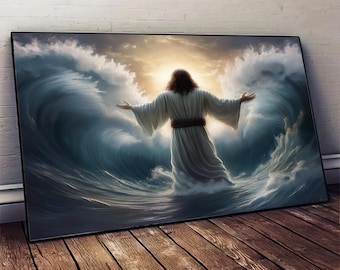 Jesus Walking on Water Canvas Painting, Inspirational Christian Wall Art,  Religious Decor
