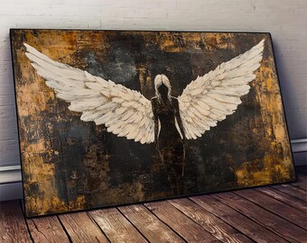 May include: A painting of a woman with large white wings against a dark background with gold accents. The woman is in silhouette and the wings are painted in a realistic style.