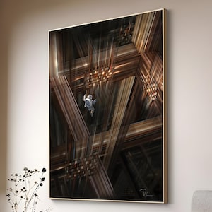 May include: Abstract art print featuring a person falling through a geometric structure of brown and gold lines. The person is wearing a blue and white jumpsuit.