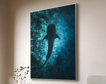 Whale Shark Canvas Painting, Deep Sea Ocean Art, blue Accents Marine Life Decor, Modern Nautical Wall Art, whale wall art