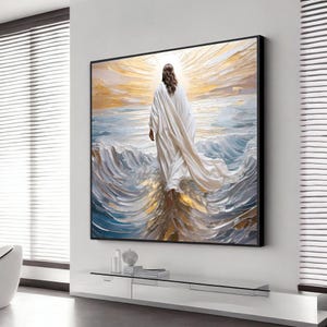 Jesus Walking on Water Canvas Painting – Spiritual Wall Decor, Divine Light Modern Canvas Art