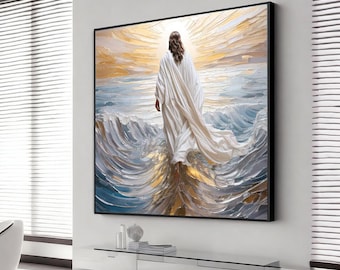 Puede incluir: Una pintura de una persona con una túnica blanca caminando sobre el agua. El agua es azul y verde y hay una luz dorada en el fondo.