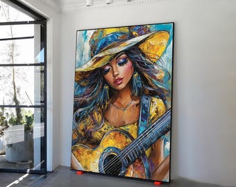Woman playing guitar canvas wall art, music poster, musical woman poster, acrylic paint look guitar player girl painting