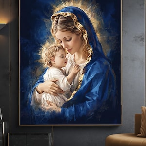 Mother of Mercy canvas painting , Sanctified Souls Print - Religious Art for your Home - The Virgin Mary and The Christ Child art