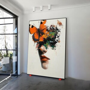 Orange Butterfly Painting, Fashion Girl Canvas Art, Modern Wall Decor