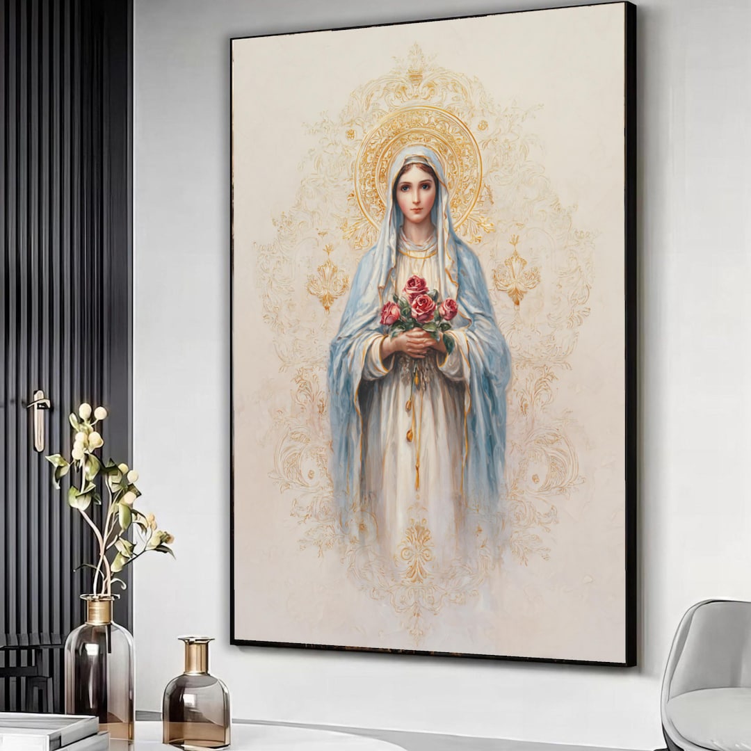 Sacred Madonna Canvas Wall Art, Virgin Mary Holding Roses, Religious ...