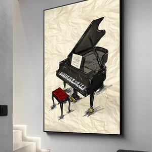 Piano canvas, abstract piano drawing art, music canvas, Black and white piano painting