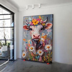 Poster floreale di mucca delle Highlands, arte murale di mucca, amante delle mucche scozzesi, vivaio di mucche pelose, mucca neonata, stampe floreali, arredamento da fattoria