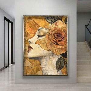 Póster de mujer con rosa naranja, decoración de pared en lienzo, póster abstracto con rostro de mujer, pintura de póster de mujer surrealista