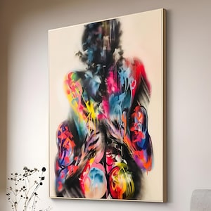 裸のカップルのグラフィティ絵画、ロマンチックなアートワーク、官能的なキャンバスプリント、官能的でロマンチックなカップルのアート