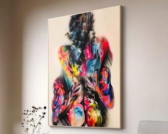 裸のカップルのグラフィティ絵画、ロマンチックなアートワーク、官能的なキャンバスプリント、官能的でロマンチックなカップルのアート