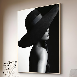 Mysterious Woman  Black Hat Canvas Painting, Modern Wall Decor, Contemporary Art - Captivating Wall Art for Stylish Homes, black and white