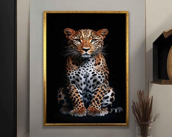 額入りヒョウの絵画キャンバス絵画、黒背景のヒョウのキャンバス壁