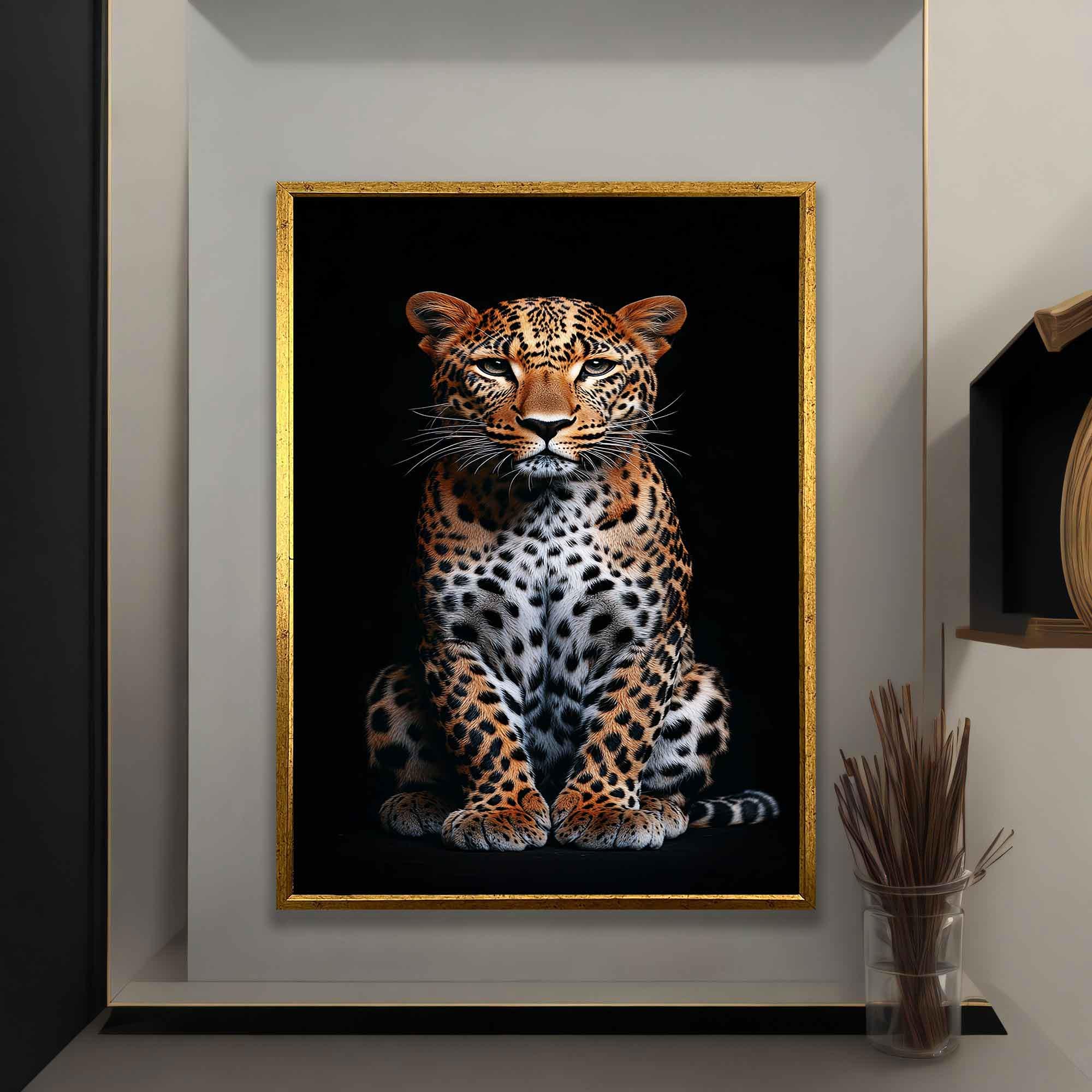 額入りヒョウの絵画キャンバス絵画、黒背景のヒョウのキャンバス壁