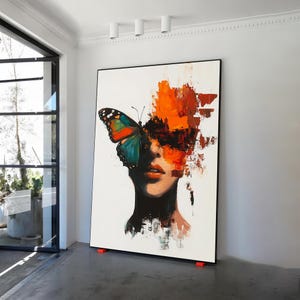 Orange Butterfly Painting, Fashion Girl Canvas Art, Modern Wall Decor