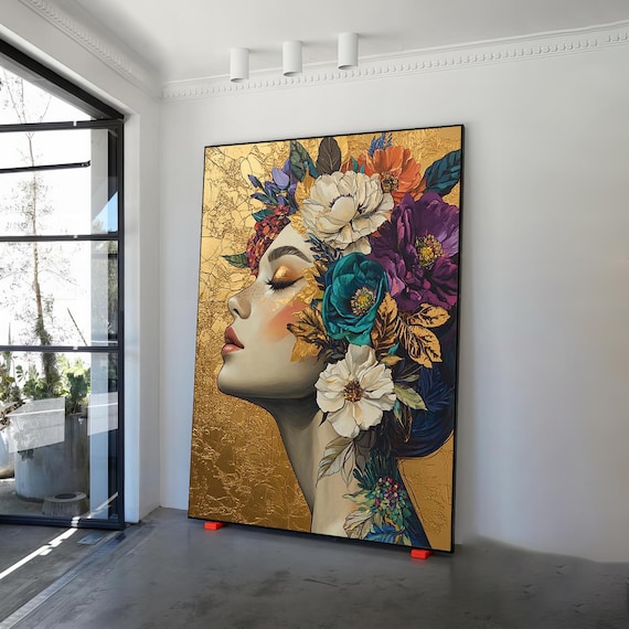 Blumenkopf Frau Poster Print Kunst, Blumenfrau Gesicht Kunst, Frau mit Blumen Leinwand Wandkunst