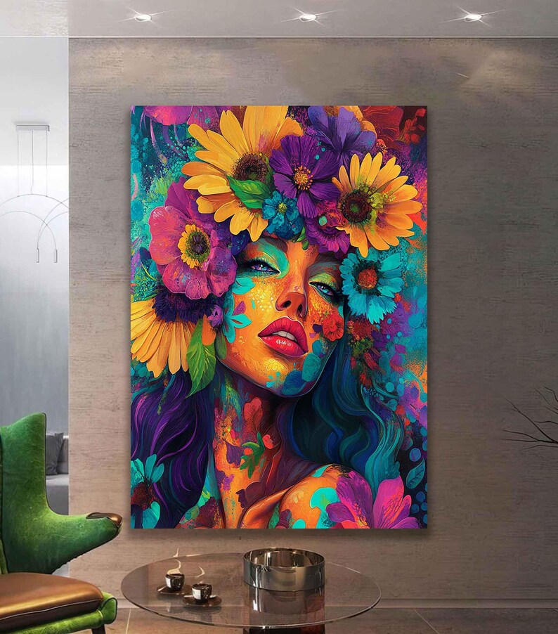 Woman With Flower Head Poster Canvas Painting, Artistic Woman With