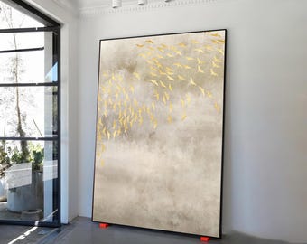 Arte mural de bandada de pájaros dorados, impresión artística moderna de mediados de siglo, lienzo grande, impresión abstracta vintage de pájaros.