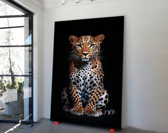 Oprawione płótno z obrazem lamparta, płótno ścienne z lampartem z czarnym tłem, plakat z lampartem