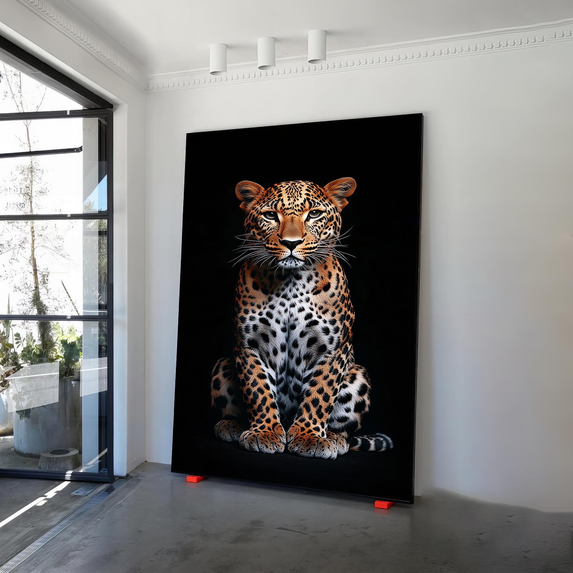 額入りヒョウの絵画キャンバス絵画、黒背景のヒョウのキャンバス壁