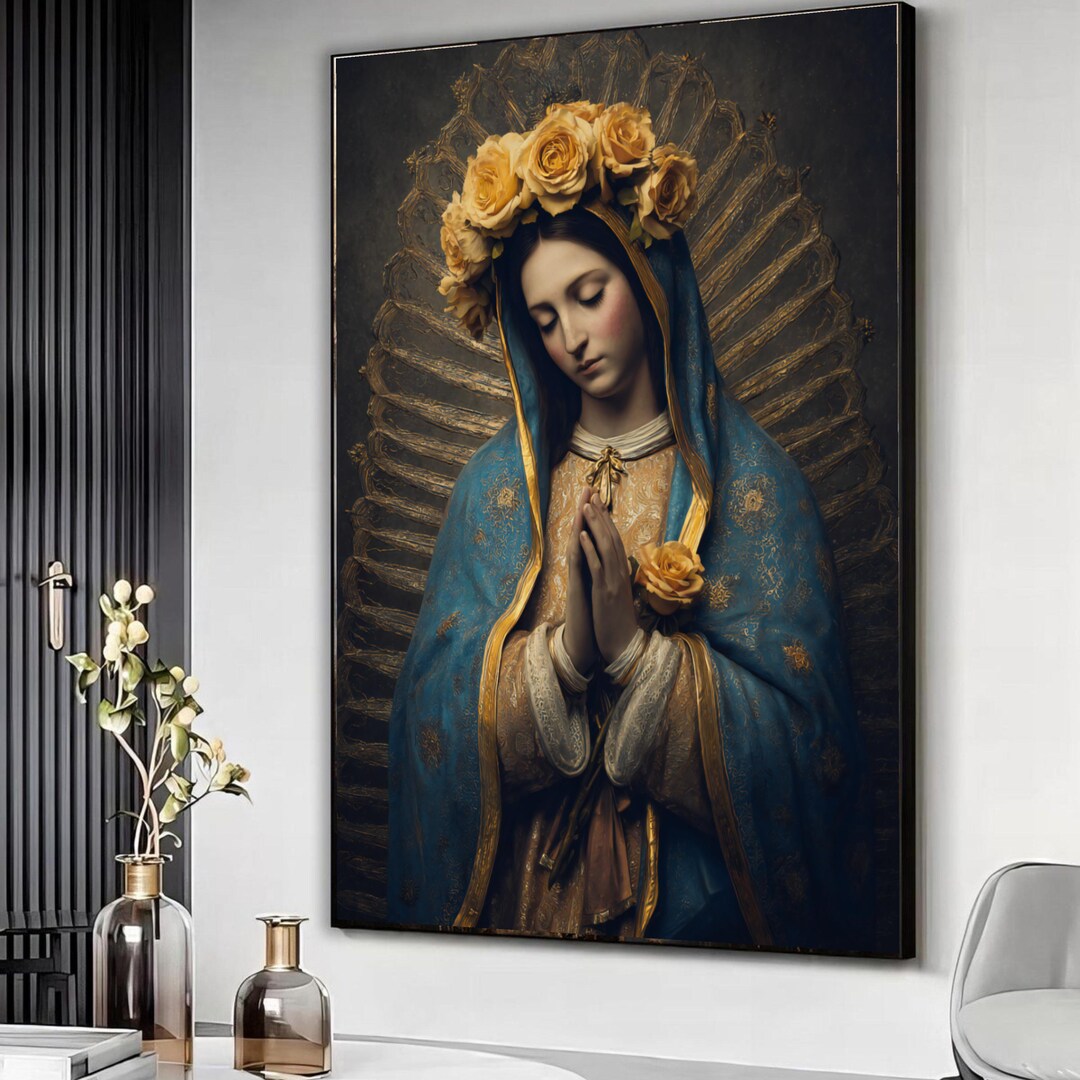Praying Madonna Canvas Wall Art, Religious Virgin Mary Painting, Floral ...