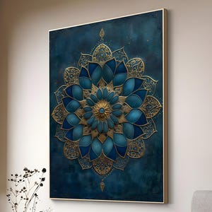Elegant Blue Mandala Canvas Art - Gold Accents, Boho Wall Decor, Spiritual Home Decor, blue mandala wall art gift
