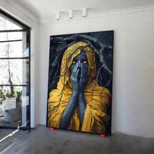 Devil woman canvas painting, scary woman portrait in yellow dress wall art