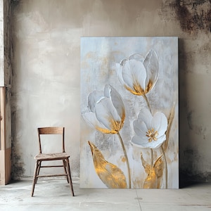 Goud en wit - witte bloemen canvas schilderij, witte rozen kunst, minimalistisch bloem interieur, bloemenposter