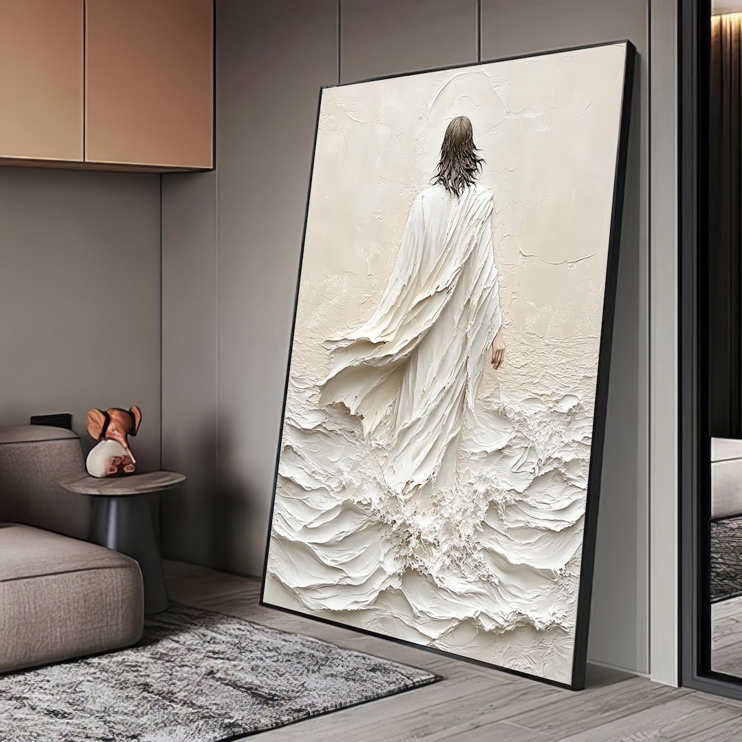 White Jesus Walking on Water Canvas Painting, Spiritual Wall Art ...