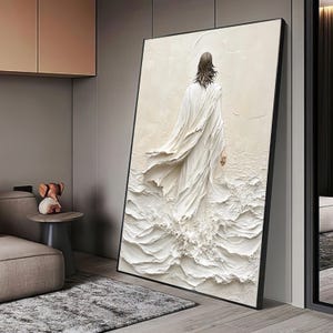 水の上を歩く白いイエスのキャンバス画、スピリチュアルな壁画、キリスト教の象徴、信仰のための宗教的な装飾キャンバス壁画