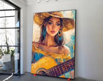 Beautiful lady playing guitar canvas painting, colorful woman poster wall art, woman print