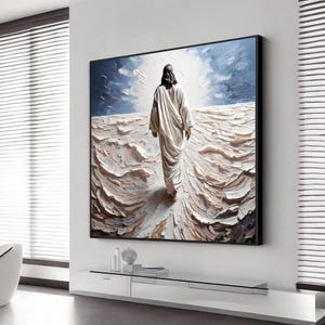Jesus Walking on Water Canvas Painting – Spiritual Wall Decor, Divine Light Modern Canvas Art