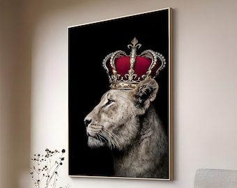 Majestic Lion King Canvas - black and white Lion with Crown Wall Art - Royal Lion Portrait for Luxury Living Room Decor, lion gift