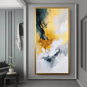 Yellow white abstract colors canvas painting, wall decor for office, living room canvas painting