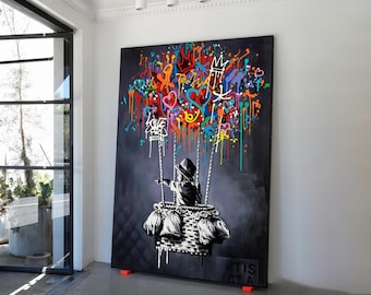 Banksy graffiti balloon boy wall art, balloon graffiti canvas, street art children painting, banksy balloon print