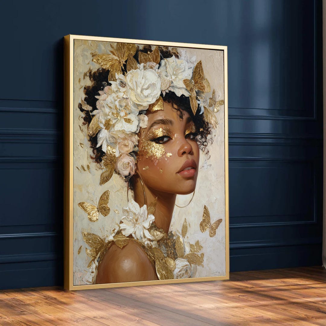Elegant Woman With Gold Butterflies Canvas, Floral Crown Portrait Art ...