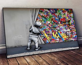 Banksy achter het gordijn canvas muurkunst, woonkamer decor, moderne street art, graffiti canvasprint, basnky muurkunst