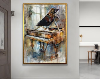 Può includere: Un dipinto ad acquerello di un pianoforte a coda in una stanza con una grande finestra. Il pianoforte è marrone e dorato con un coperchio nero. La stanza è dipinta in tonalità di blu e grigio.